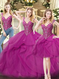 Glamorous Fuchsia Lace Up V-neck Beading and Ruffles Sweet 16 Quinceanera Dress Organza Sleeveless