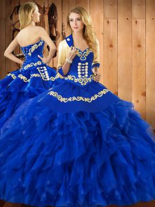 Super Blue Ball Gowns Satin and Organza Sweetheart Sleeveless Embroidery and Ruffles Floor Length Lace Up Sweet 16 Quinceanera Dress