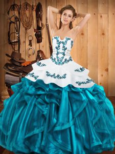 Exceptional Floor Length Teal Sweet 16 Dress Strapless Sleeveless Lace Up
