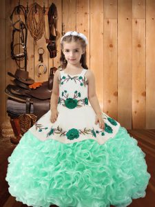 Apple Green Ball Gowns Embroidery and Ruffles Little Girls Pageant Gowns Lace Up Fabric With Rolling Flowers Sleeveless Floor Length