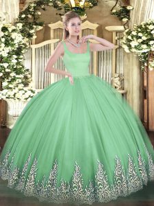 Fancy Apple Green Sleeveless Floor Length Appliques Zipper Ball Gown Prom Dress