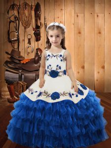 Eye-catching Blue Sleeveless Floor Length Embroidery and Ruffles Lace Up Pageant Gowns For Girls