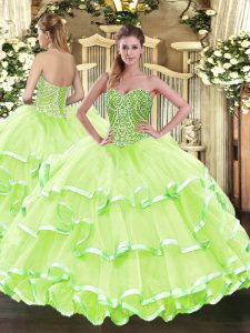 Adorable Yellow Green Ball Gowns Beading and Ruffled Layers Quince Ball Gowns Lace Up Tulle Sleeveless Floor Length