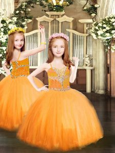 Top Selling Floor Length Orange Girls Pageant Dresses Tulle Sleeveless Beading