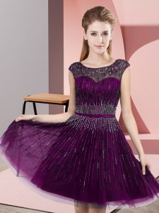 Ideal Dark Purple Scoop Neckline Beading Prom Gown Sleeveless Backless