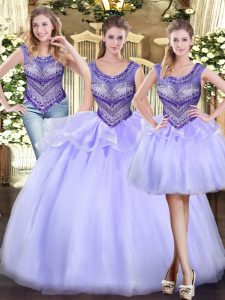 Tulle Scoop Sleeveless Lace Up Beading and Ruffles Quinceanera Gown in Lavender