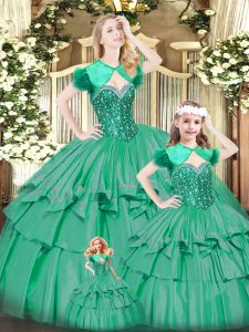 Custom Made Turquoise Sleeveless Floor Length Beading and Ruffled Layers Lace Up 15th Birthday Dress