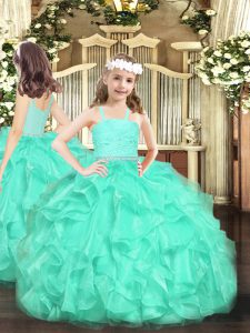 Charming Sleeveless Organza Floor Length Zipper Little Girls Pageant Gowns in Turquoise with Beading and Lace and Ruffles