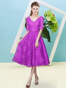 Tea Length Lace Up Quinceanera Court Dresses Fuchsia for Prom and Party and Wedding Party with Bowknot