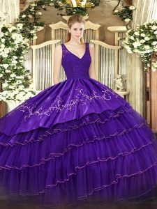 Purple Zipper V-neck Beading and Embroidery and Ruffled Layers Quinceanera Gown Satin and Tulle Sleeveless