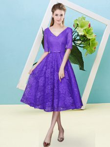 Purple Half Sleeves Tea Length Bowknot Lace Up Quinceanera Court Dresses