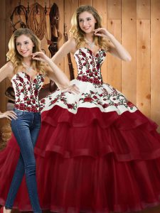 Edgy Wine Red Ball Gowns Embroidery Quinceanera Dresses Lace Up Organza Sleeveless