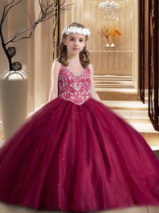 Modern Wine Red Ball Gowns Tulle V-neck Sleeveless Beading and Appliques Floor Length Lace Up Kids Formal Wear