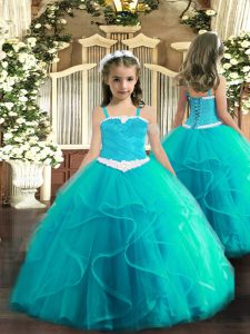 Dazzling Aqua Blue Sleeveless Tulle Lace Up Pageant Gowns For Girls for Party and Quinceanera