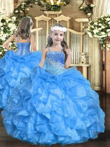 Floor Length Ball Gowns Sleeveless Baby Blue Little Girl Pageant Gowns Lace Up
