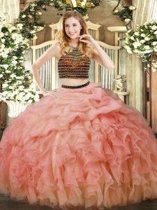 Halter Top Sleeveless Zipper Ball Gown Prom Dress Baby Pink Organza