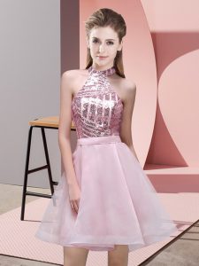 Custom Made Pink A-line Halter Top Sleeveless Chiffon Mini Length Backless Sequins Quinceanera Court of Honor Dress