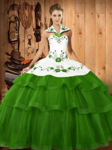 Free and Easy Green Quinceanera Gowns Military Ball and Sweet 16 and Quinceanera with Embroidery and Ruffled Layers Halter Top Sleeveless Sweep Train Lace Up