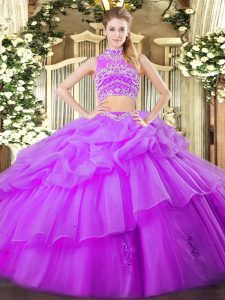 Free and Easy High-neck Sleeveless Tulle 15 Quinceanera Dress Beading and Ruffles and Pick Ups Backless