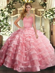 High Class Watermelon Red Ball Gowns Ruffled Layers Quince Ball Gowns Lace Up Organza Sleeveless Floor Length