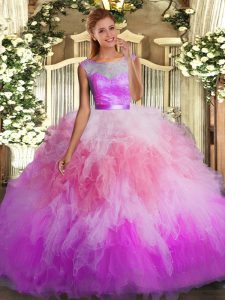 Sexy Multi-color Organza Backless Scoop Sleeveless Floor Length Sweet 16 Dresses Lace and Ruffles