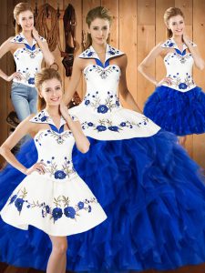 Smart Blue And White Sleeveless Satin and Organza Lace Up Sweet 16 Dress for Military Ball and Sweet 16 and Quinceanera