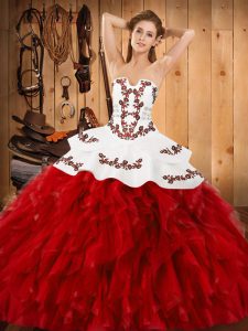 Wonderful Wine Red Strapless Lace Up Embroidery and Ruffles Vestidos de Quinceanera Sleeveless