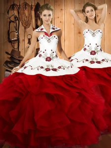 Pretty Floor Length Wine Red Quinceanera Dress Satin and Organza Sleeveless Embroidery and Ruffles