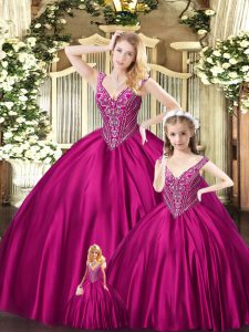 Captivating Sleeveless Organza Floor Length Lace Up Vestidos de Quinceanera in Fuchsia with Beading