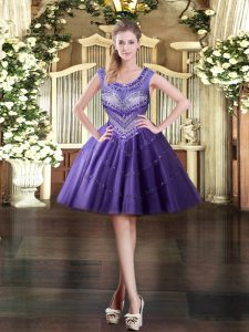 Best Purple Zipper Prom Evening Gown Beading Sleeveless Mini Length