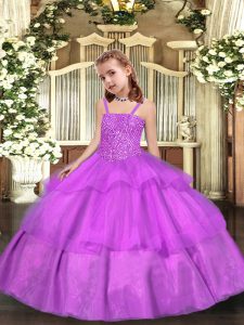 Lilac Little Girls Pageant Gowns Sweet 16 and Quinceanera with Beading and Ruffled Layers Straps Sleeveless Lace Up