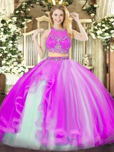 Fuchsia Quinceanera Gown Military Ball and Sweet 16 and Quinceanera with Beading and Ruffles Scoop Sleeveless Zipper