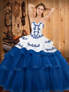 Custom Fit Blue Sweet 16 Dresses Strapless Sleeveless Sweep Train Lace Up