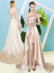 Champagne Prom Dresses Prom and Party with Sequins One Shoulder Sleeveless Lace Up