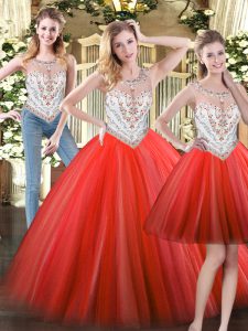 Beauteous Scoop Sleeveless Zipper Sweet 16 Dress Coral Red Tulle