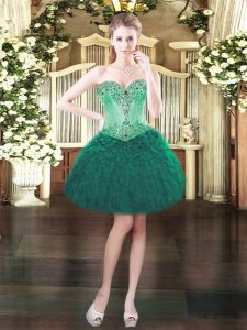 Sleeveless Organza Mini Length Lace Up Prom Gown in Dark Green with Beading and Ruffles