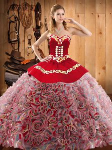 Satin and Fabric With Rolling Flowers Sweetheart Sleeveless Sweep Train Lace Up Embroidery 15th Birthday Dress in Multi-color