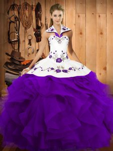 Purple Ball Gown Prom Dress Military Ball and Sweet 16 and Quinceanera with Embroidery and Ruffles Halter Top Sleeveless Lace Up