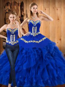 Affordable Blue Sweetheart Lace Up Embroidery and Ruffles Vestidos de Quinceanera Sleeveless