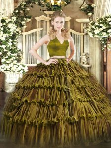Enchanting Two Pieces 15th Birthday Dress Olive Green Halter Top Organza Sleeveless Floor Length Zipper