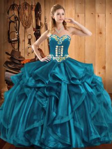 Super Teal Quinceanera Gowns Military Ball and Sweet 16 and Quinceanera with Embroidery and Ruffles Sweetheart Sleeveless Lace Up