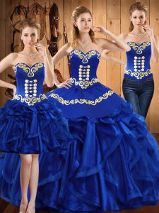 Royal Blue Ball Gowns Sweetheart Sleeveless Organza Floor Length Lace Up Embroidery and Ruffles Sweet 16 Dress