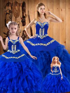 Floor Length Lace Up Quinceanera Gowns Royal Blue for Military Ball and Sweet 16 and Quinceanera with Embroidery and Ruffles