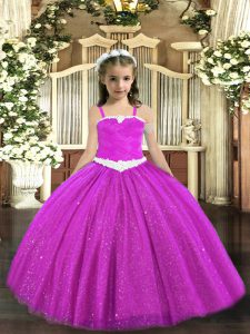 On Sale Straps Sleeveless Pageant Dress Toddler Floor Length Appliques Fuchsia Tulle