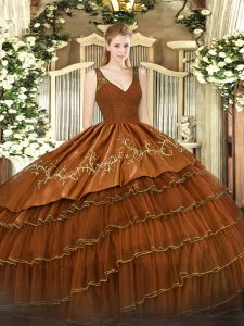 Brown Satin and Tulle Zipper 15th Birthday Dress Sleeveless Floor Length Beading and Embroidery and Ruffled Layers
