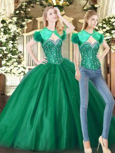 Custom Design Sweetheart Sleeveless Vestidos de Quinceanera Floor Length Beading Green Tulle