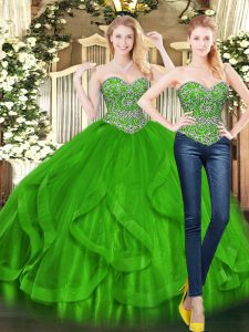 Glamorous Green Tulle Lace Up Quinceanera Dresses Sleeveless Floor Length Beading and Ruffles