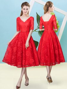Red Empire Bowknot Quinceanera Dama Dress Lace Up Lace Half Sleeves Tea Length