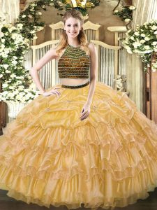 Hot Selling Floor Length Gold 15th Birthday Dress Halter Top Sleeveless Zipper