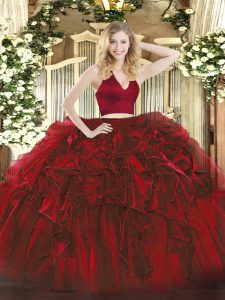 Sleeveless Floor Length Ruffles Zipper Quince Ball Gowns with Wine Red